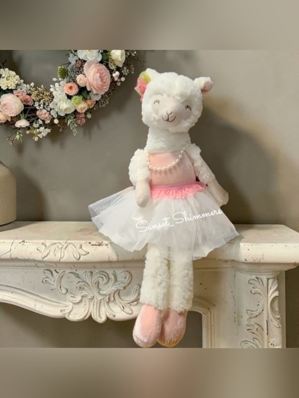 Bella Lux 17" Easter Lamb Plush Shelf Sitter Tutu Dress Pearl Necklace NEW